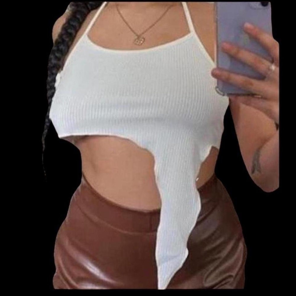 Asymmetrical halter style tie back white ribbed top

never worn.